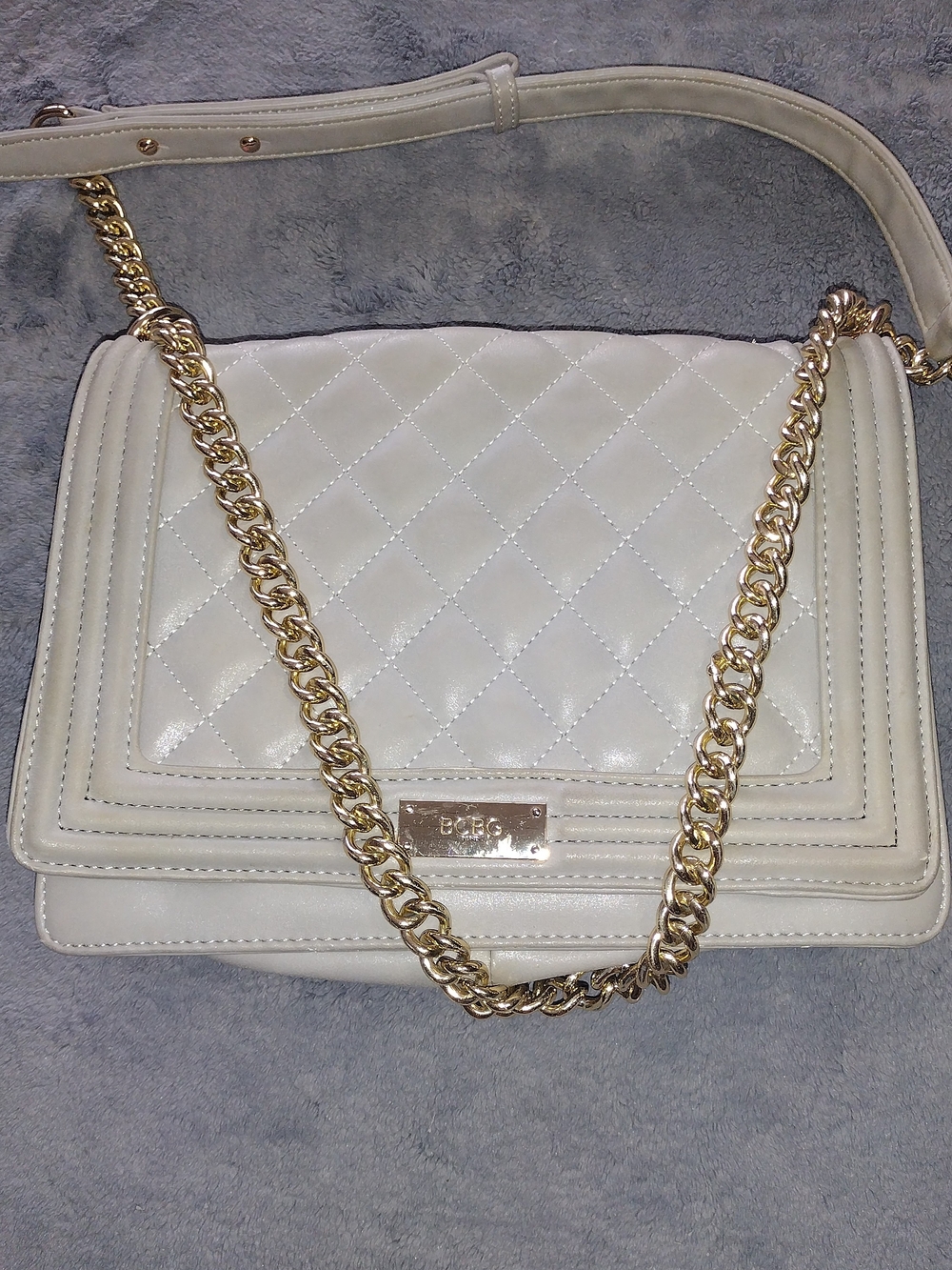 Quilted Gray BCBG Shoulder Bag with Gold Chain Strap